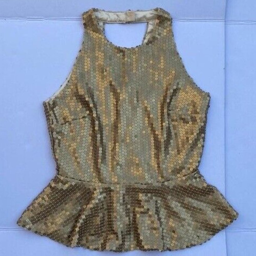 Festive Holiday Guess by Marciano Sequin Peplum Gold Sassy Top